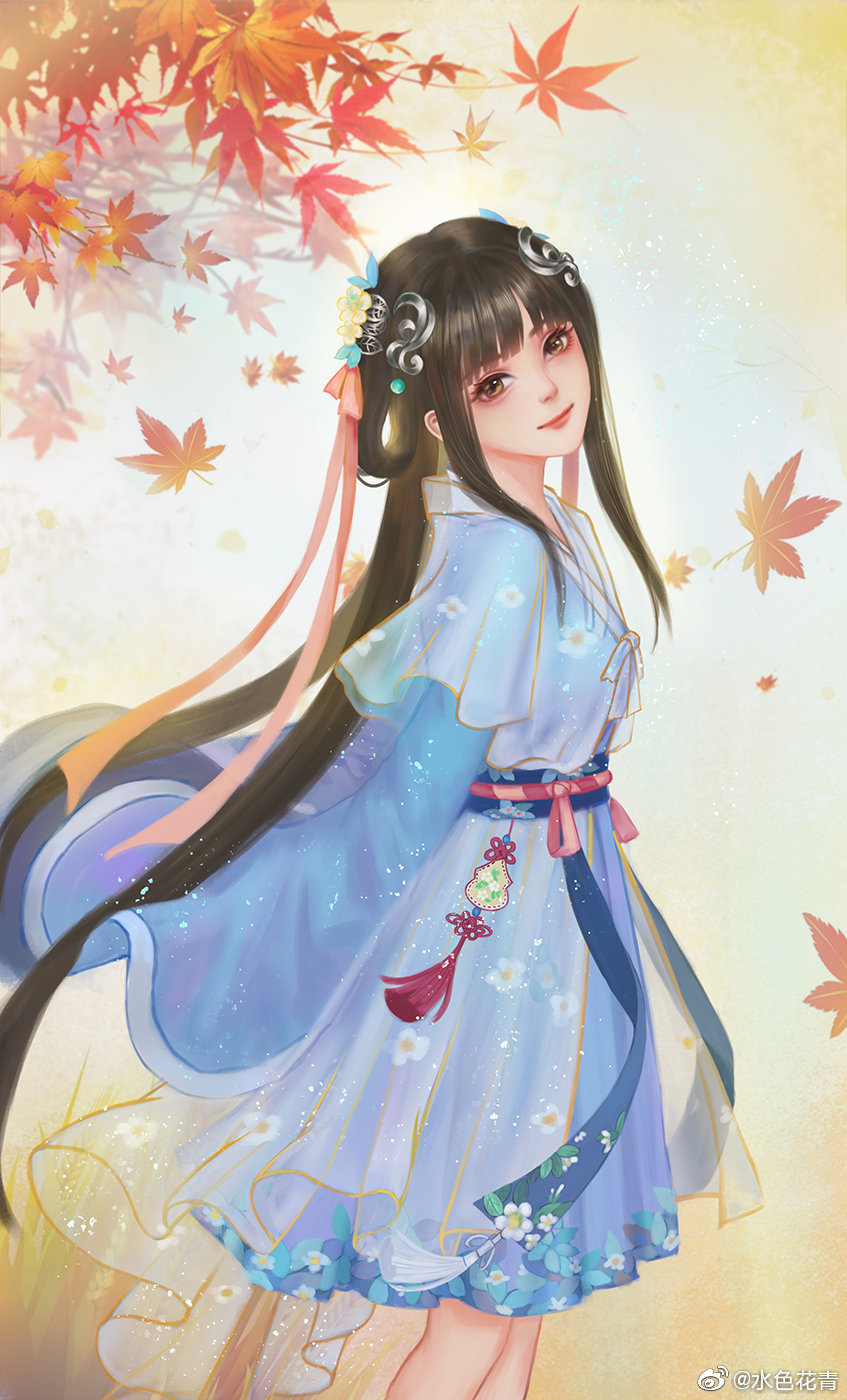 1girl bai_moqing_(xian_jian_qi_xia_zhuan_7) blue_dress branch dress flower_skirt hair_rings highres leaf long_sleeves maple_leaf ribbon sash see-through shuise_hua_qing smile solo twintails xian_jian_qi_xia_zhuan xian_jian_qi_xia_zhuan_7