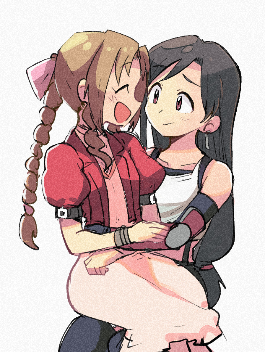 2girls aerith_gainsborough asymmetrical_hair bangs black_hair black_legwear blush bracelet braid braided_ponytail brown_eyes closed_eyes cropped_jacket dress earrings elbow_pads final_fantasy final_fantasy_vii final_fantasy_vii_remake gloves hair_ribbon jacket jewelry long_dress long_hair low-tied_long_hair midriff multiple_girls open_mouth parted_bangs pink_dress puffy_short_sleeves puffy_sleeves red_jacket ribbon shirt short_sleeves sidelocks sitting sitting_on_lap sitting_on_person smile suspenders tifa_lockhart tsubobot upper_body wavy_hair white_background white_shirt