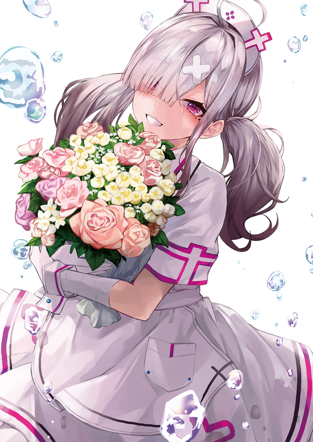 1girl ahoge apron bandaged_arm bandages bangs bouquet dress eyebrows_visible_through_hair flower gloves grey_hair grin hair_ornament hair_over_one_eye hat konkito long_hair looking_at_viewer nijisanji nurse nurse_cap object_hug pink_flower pink_rose rose short_sleeves simple_background smile solo sukoya_kana twintails violet_eyes virtual_youtuber waist_apron water_drop white_apron white_background white_dress white_flower white_gloves white_headwear x_hair_ornament