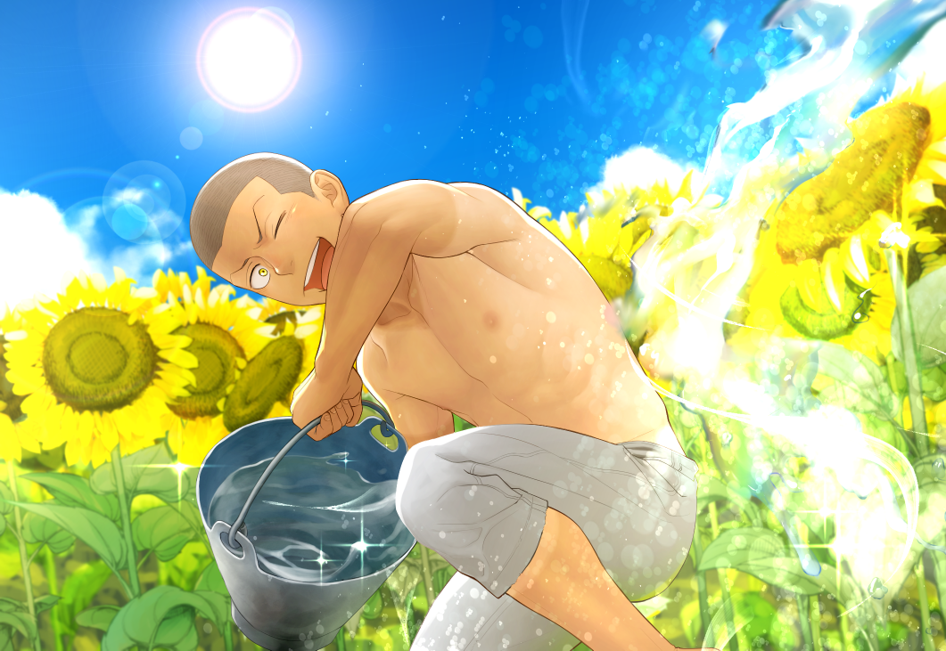 1boy bucket bucket_of_water commentary connie_springer day field flower itto_(mentaiko) looking_at_viewer male_focus muscular muscular_male one_eye_closed pants shaved_head shingeki_no_kyojin smile summer sun sunflower sweatpants topless_male yellow_eyes