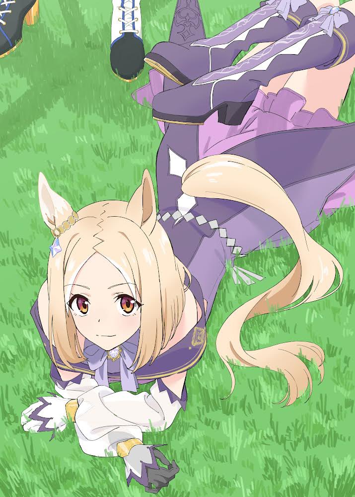 1girl 1other animal_ears asymmetrical_gloves bare_shoulders black_gloves blonde_hair boots closed_mouth detached_sleeves dress gloves grass high_heel_boots high_heels horse_ears horse_girl horse_tail looking_at_viewer lying mismatched_gloves narita_top_road_(umamusume) off-shoulder_dress off_shoulder on_stomach orange_eyes out_of_frame purple_dress purple_legwear shadow smile solo_focus tail umamusume white_gloves yokkest