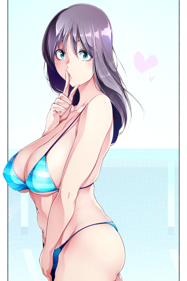 1girl aratama_(a-tama) ass bangs bikini black_hair blue_bikini breasts collarbone commentary_request finger_to_mouth from_side green_eyes halterneck large_breasts long_hair looking_at_viewer navel original shushing solo standing striped striped_bikini swimsuit