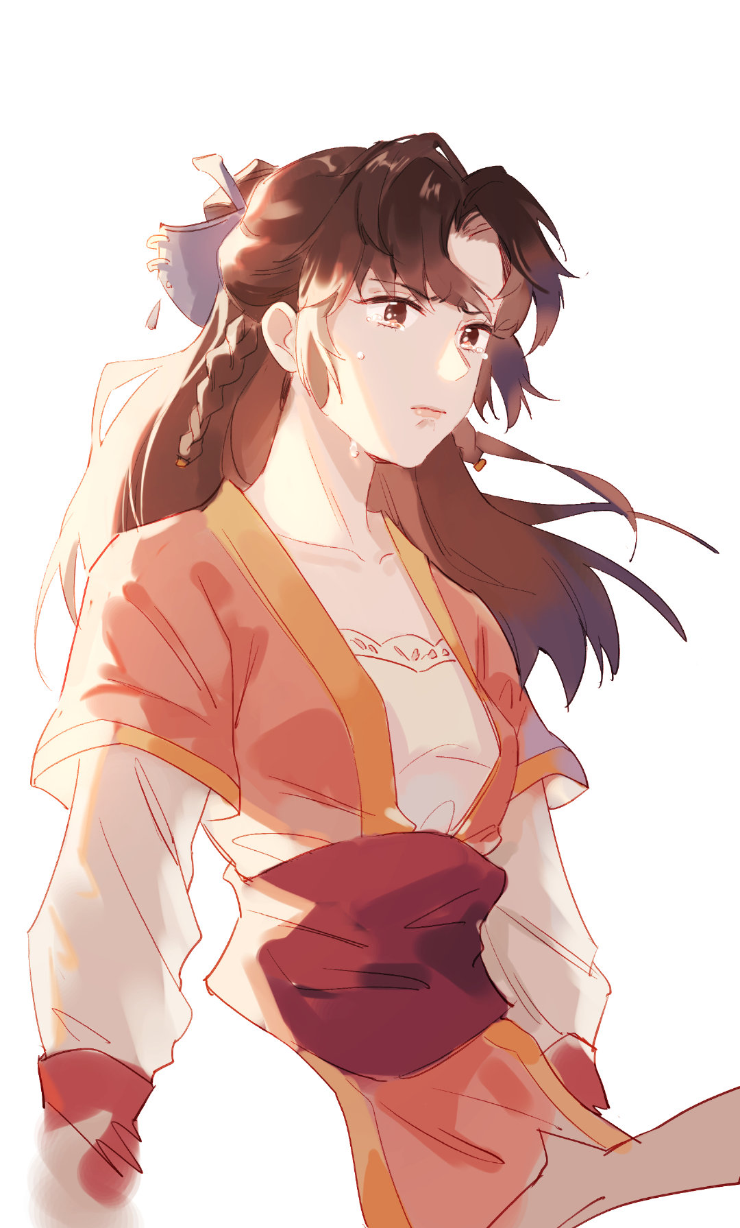 1girl backlighting braid crying hair_ornament highres long_hair looking_ahead sash solo tang_xuejian_(xian_jian_qi_xia_zhuan_3) teardrop tears white_background wristband xian_jian_qi_xia_zhuan xian_jian_qi_xia_zhuan_3 yimi_jiu