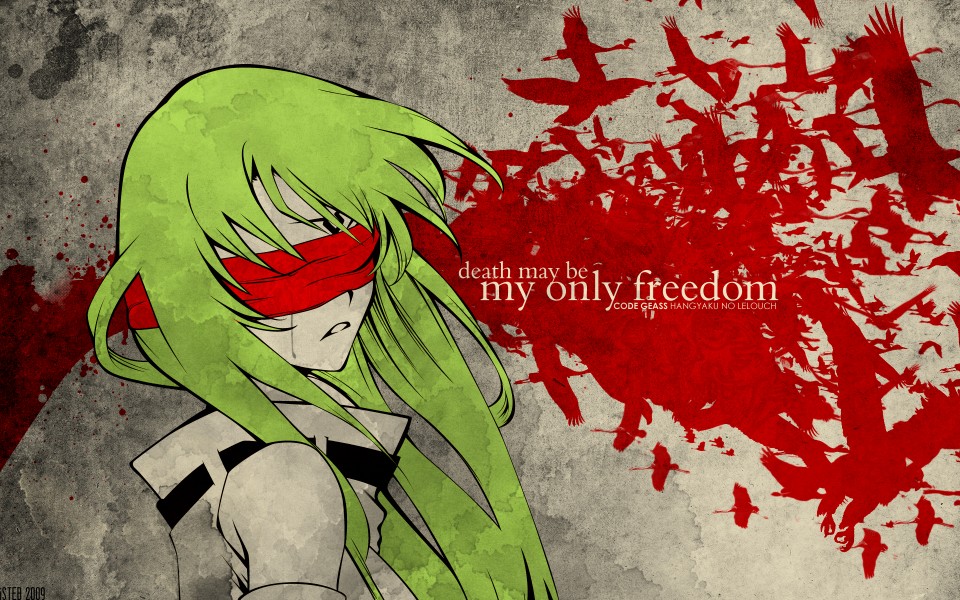 1girl bangs c.c. code_geass crying derivative_work english_commentary facial_mark forehead_mark from_side geass green_hair head_tilt kuso_otoko long_hair parody parted_lips red_blindfold solo straitjacket