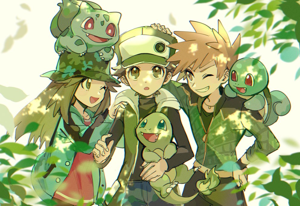 1girl 2boys ;d alternate_color black_shirt blue_oak brown_eyes brown_hair bulbasaur buttons charmander chinese_commentary commentary_request eyelashes grin hair_flaps hand_on_hip hat holding holding_pokemon huan_li jacket jewelry leaf_(pokemon) long_hair multiple_boys necklace official_alternate_costume on_head one_eye_closed open_mouth pants pokemon pokemon_(creature) pokemon_(game) pokemon_frlg pokemon_masters_ex pokemon_on_head red_(pokemon) shirt sleeveless_coat smile squirtle teeth tongue zipper_pull_tab