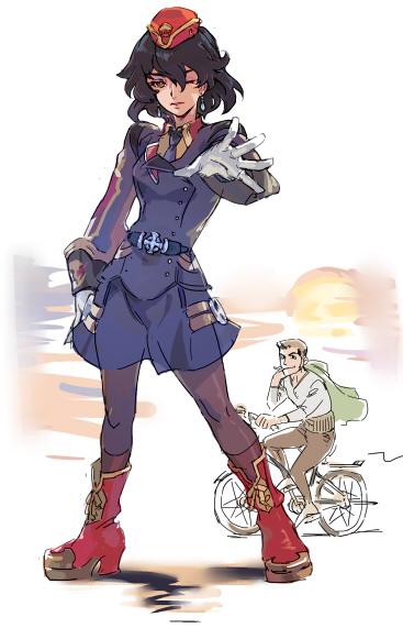1boy 1girl bicycle blue_hair breasts brown_eyes closed_mouth earrings enil_aidem full_body gloves ground_vehicle hanakuso hat jewelry looking_at_viewer medium_hair necktie pantyhose simple_background skirt smile uniform wild_arms wild_arms_4