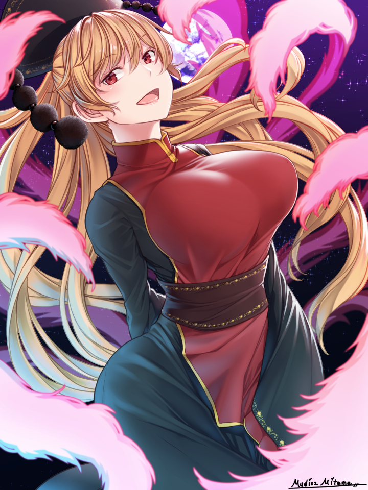 1girl artist_name black_dress black_headwear blush breasts chinese_clothes dress energy eyebrows_visible_through_hair hair_between_eyes junko_(touhou) large_breasts long_hair mitama_mudimudi open_mouth orange_hair phoenix_crown red_eyes signature sleeves_past_fingers sleeves_past_wrists smile solo tabard touhou wide_sleeves