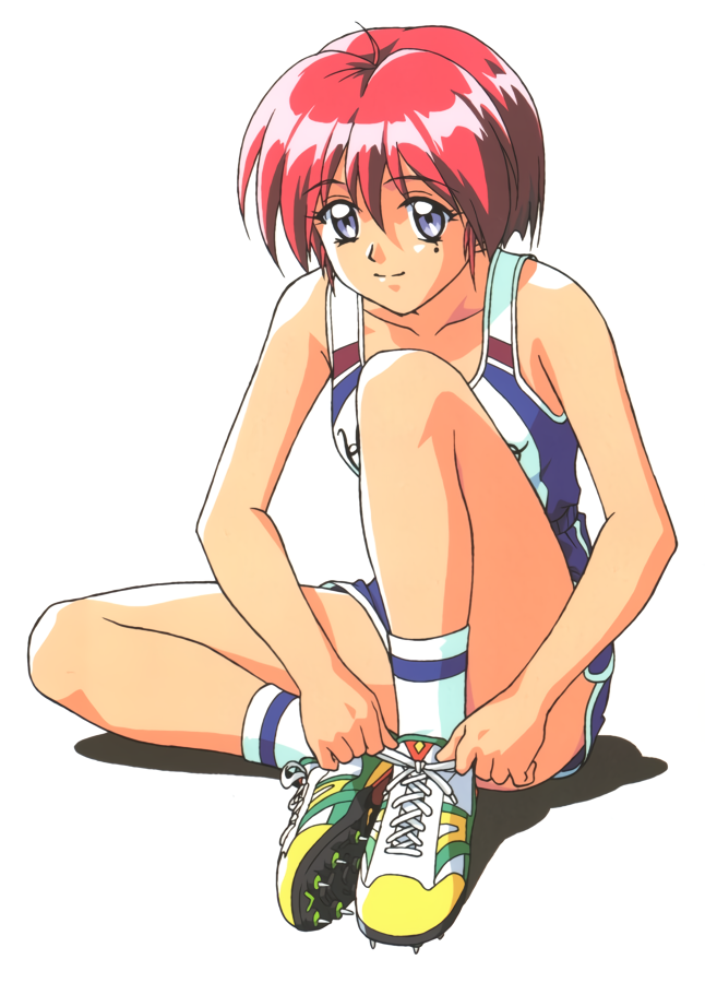 1990s_(style) 1girl bangs blue_eyes cleats eyebrows_visible_through_hair full_body gym_shorts hinomoto_hikari knee_up kokura_masashi mole mole_under_eye non-web_source official_art redhead retro_artstyle short_hair shorts simple_background sitting smile solo sportswear tokimeki_memorial tokimeki_memorial_2 track_uniform tying_footwear white_background