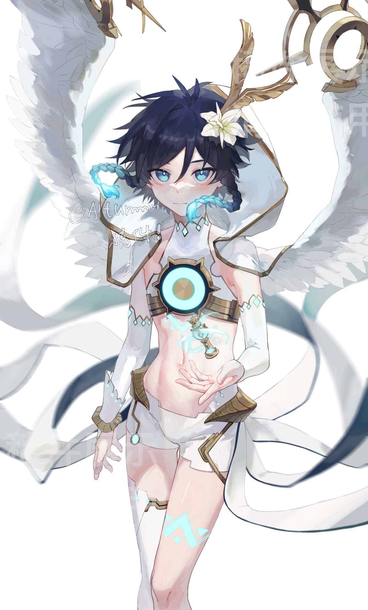 1boy altummm androgynous artist_name bangs black_hair blue_hair blurry blurry_background braid bridal_gauntlets capelet chest_tattoo closed_mouth crop_top elbow_gloves feathered_wings floating floating_object flower genshin_impact gloves gnosis_(genshin_impact) gradient_hair green_eyes hair_flower hair_ornament highres hood hood_down hooded_capelet leg_tattoo looking_at_viewer male_focus midriff multicolored_hair navel short_hair_with_long_locks shorts side_braids sidelocks simple_background single_thighhigh solo tattoo thigh-highs twin_braids venti_(genshin_impact) white_background white_flower white_shorts white_wings wind wings