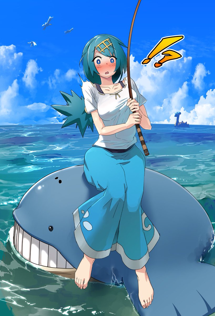 !? 1girl barefoot bird blue_pants blush breasts clouds collarbone commentary_request day fishing fishing_rod hairband highres holding holding_fishing_rod jako_(boke_poke) lana_(pokemon) lapras long_hair no_sclera ocean older open_mouth outdoors pants pokemon pokemon_(anime) pokemon_(creature) pokemon_sm_(anime) ponytail riding riding_pokemon shirt short_sleeves sitting sky surprised toes wailmer water white_shirt wingull yellow_hairband