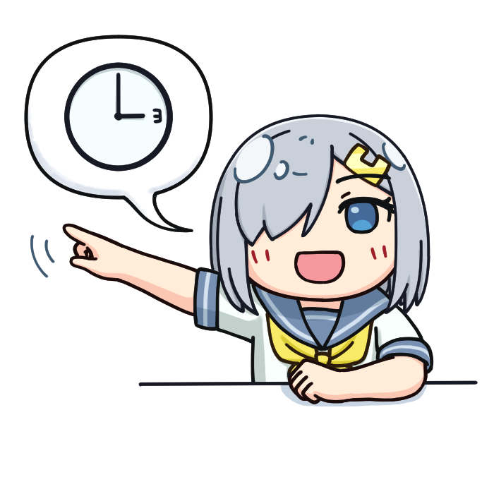 1girl blue_eyes clock commentary_request grey_hair grey_sailor_collar hair_ornament hair_over_one_eye hairclip hama!_(3toshinhmkz) hamakaze_(kancolle) kantai_collection neckerchief no_nose open_mouth pointing sailor_collar school_uniform serafuku short_hair simple_background smile solo speech_bubble upper_body white_background yellow_neckerchief