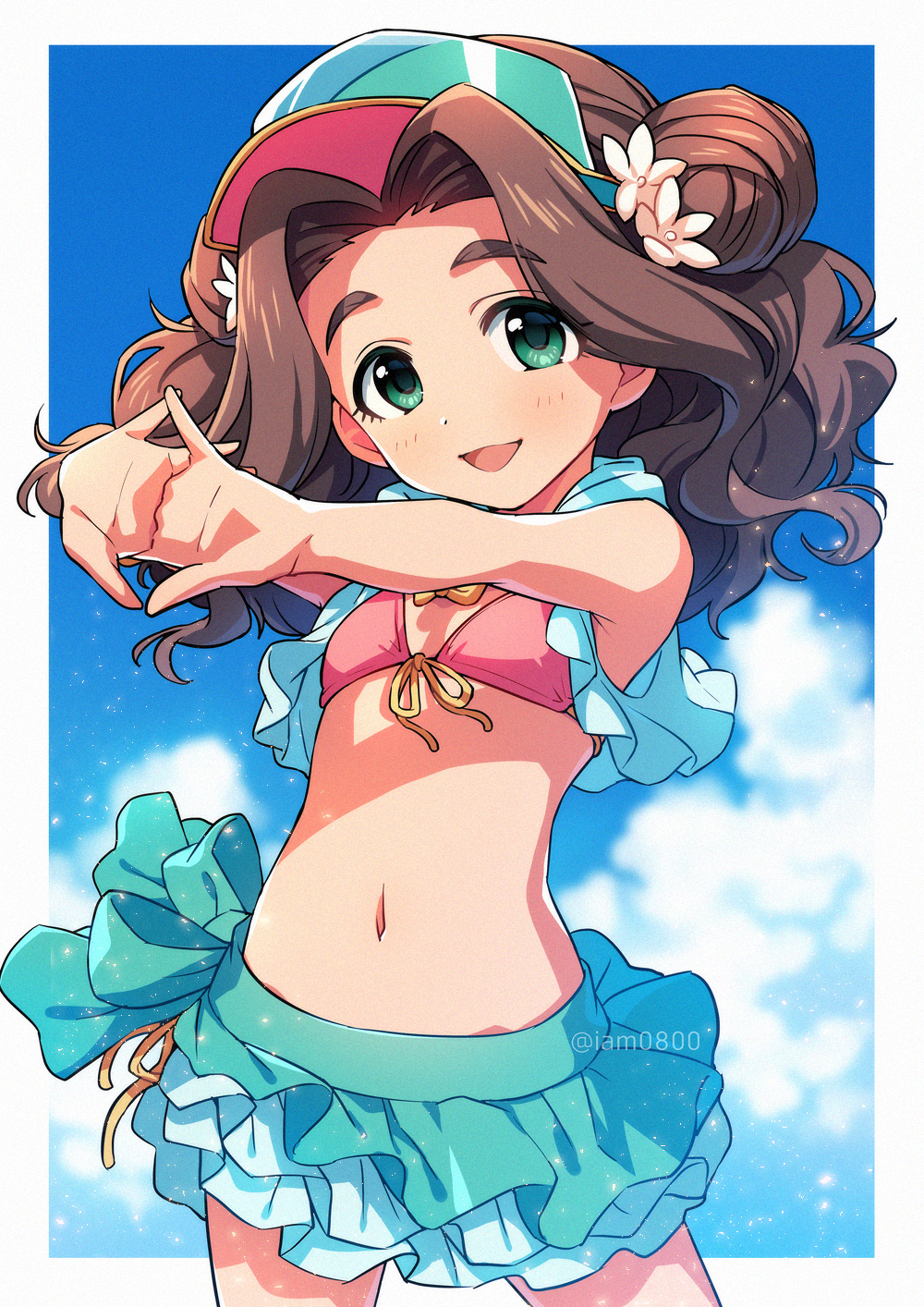 asada_hachi bangs banned_artist bikini blue_shirt blue_skirt blue_sky bow brown_hair clouds commentary day double_bun duplicate eyelashes flat_chest flower frilled_skirt frills green_eyes hair_flower hair_ornament hands_up highres idolmaster idolmaster_cinderella_girls interlocked_fingers kusakabe_wakaba long_hair looking_at_viewer navel open_clothes open_mouth open_shirt outdoors parted_bangs pink_bikini pixel-perfect_duplicate shirt skirt sky smile solo sparkle stomach swimsuit thick_eyebrows thighs twitter_username visor_cap waist_bow wavy_hair