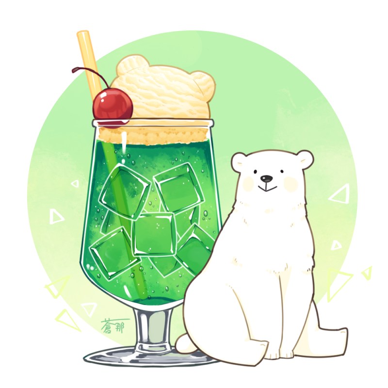 animal aona_(noraneko) bear cherry drink drinking_straw food food_focus fruit ice_cream melon_soda no_humans original polar_bear