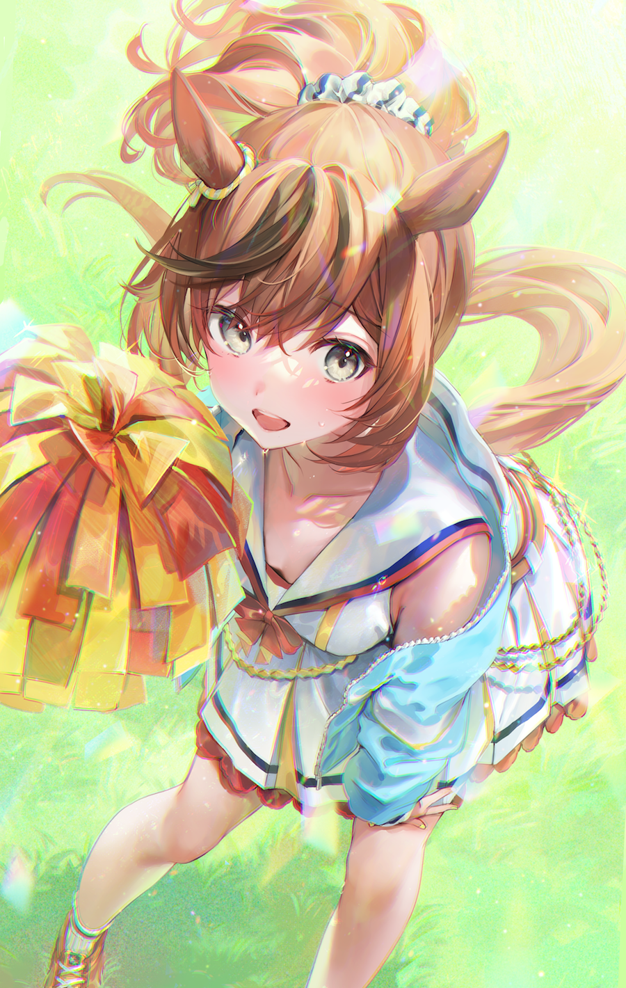 1girl animal_ears blush brown_eyes brown_hair cheering cheerleader collarbone eyebrows_visible_through_hair hair_between_eyes highres holding holding_pom_poms horse_ears horse_girl horse_tail jacket long_hair long_sleeves multicolored_hair nice_nature_(umamusume) open_clothes open_jacket open_mouth ouri_(aya_pine) pleated_skirt pom_pom_(cheerleading) redhead skirt solo tail umamusume white_skirt