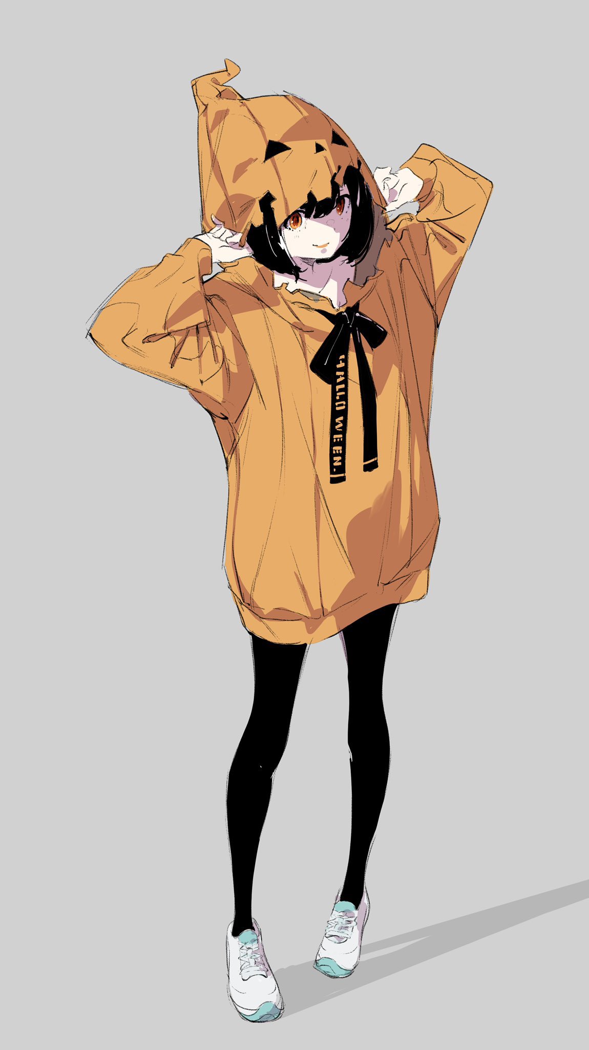 1girl arms_up black_hair black_legwear closed_mouth clothes_writing clothing_cutout collarbone english_text grey_background halloween highres hood hood_up hoodie jack-o'-lantern orange_eyes orange_hoodie original pantyhose popman3580 shoes short_hair simple_background sketch smile snake sneakers solo standing white_snake