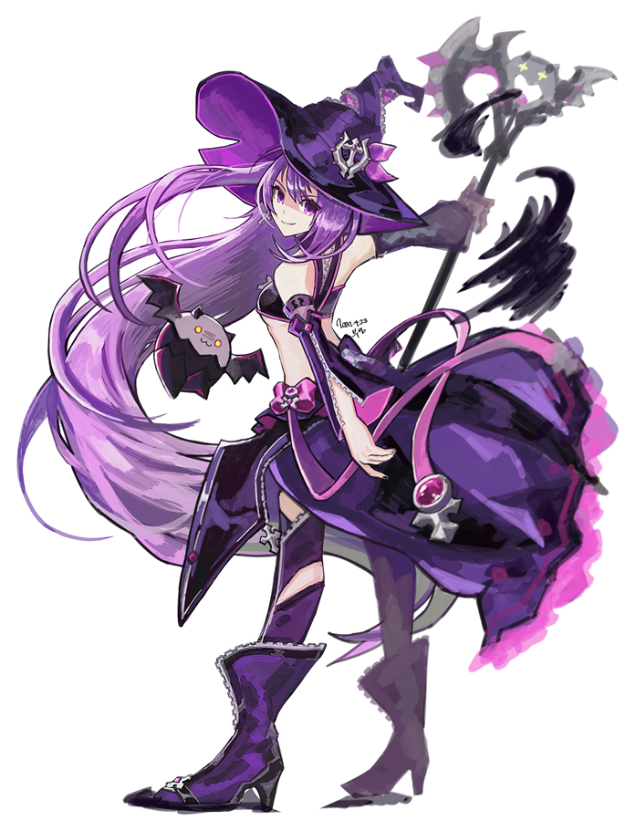 1girl aisha_landar bangs black_bra boots bra breasts buding_i detached_sleeves elsword floating_hair from_side full_body grin hat holding holding_staff long_hair long_sleeves looking_at_viewer oz_sorcerer_(elsword) purple_footwear purple_hair purple_headwear purple_legwear purple_skirt purple_sleeves shiny shiny_hair simple_background skirt small_breasts smile solo staff standing under_boob underwear very_long_hair violet_eyes white_background witch_hat