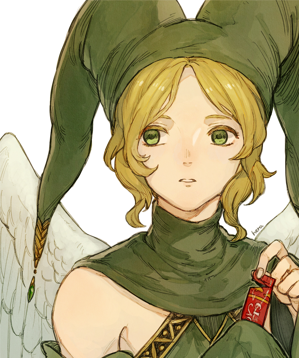 1boy androgynous artist_name bare_shoulders blonde_hair detached_sleeves elona feathered_wings gem green_eyes green_gemstone green_headwear hands_up hat hat_ornament herayoshi highres holding jester_cap kumiromi_of_harvest long_sleeves looking_away male_focus parted_lips portrait sidelocks sideways_glance simple_background sleeves_past_fingers sleeves_past_wrists solo turtleneck white_background wings