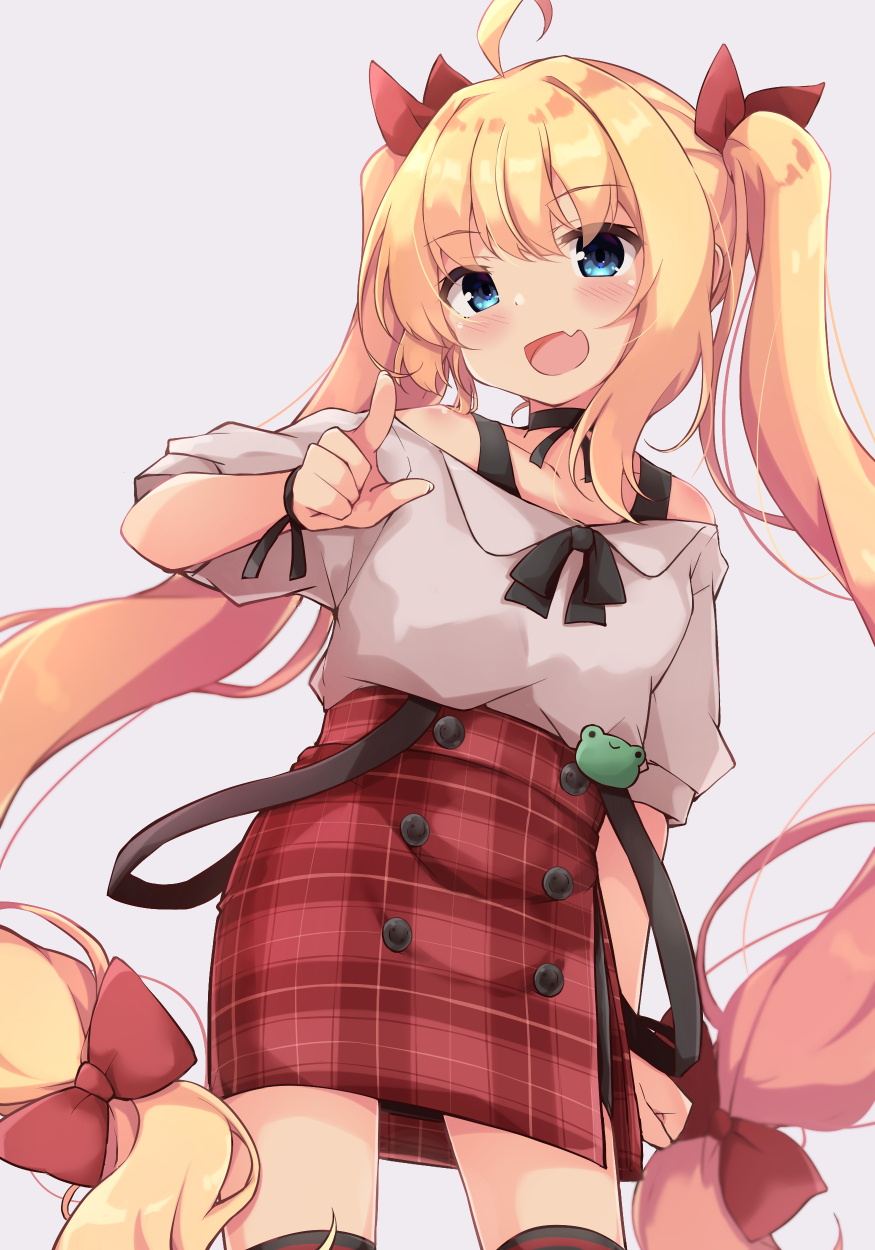 1girl :d ahoge bangs bare_shoulders blonde_hair blue_eyes blush bow collarbone commentary_request eyebrows_visible_through_hair fang grey_background grey_shirt hair_between_eyes hair_bow hair_ribbon highres long_hair off-shoulder_shirt off_shoulder original plaid plaid_skirt pointing pointing_at_viewer puffy_short_sleeves puffy_sleeves red_bow red_ribbon red_skirt ribbon shirt short_sleeves simple_background skirt smile solar_milk solo suspender_skirt suspenders twintails very_long_hair