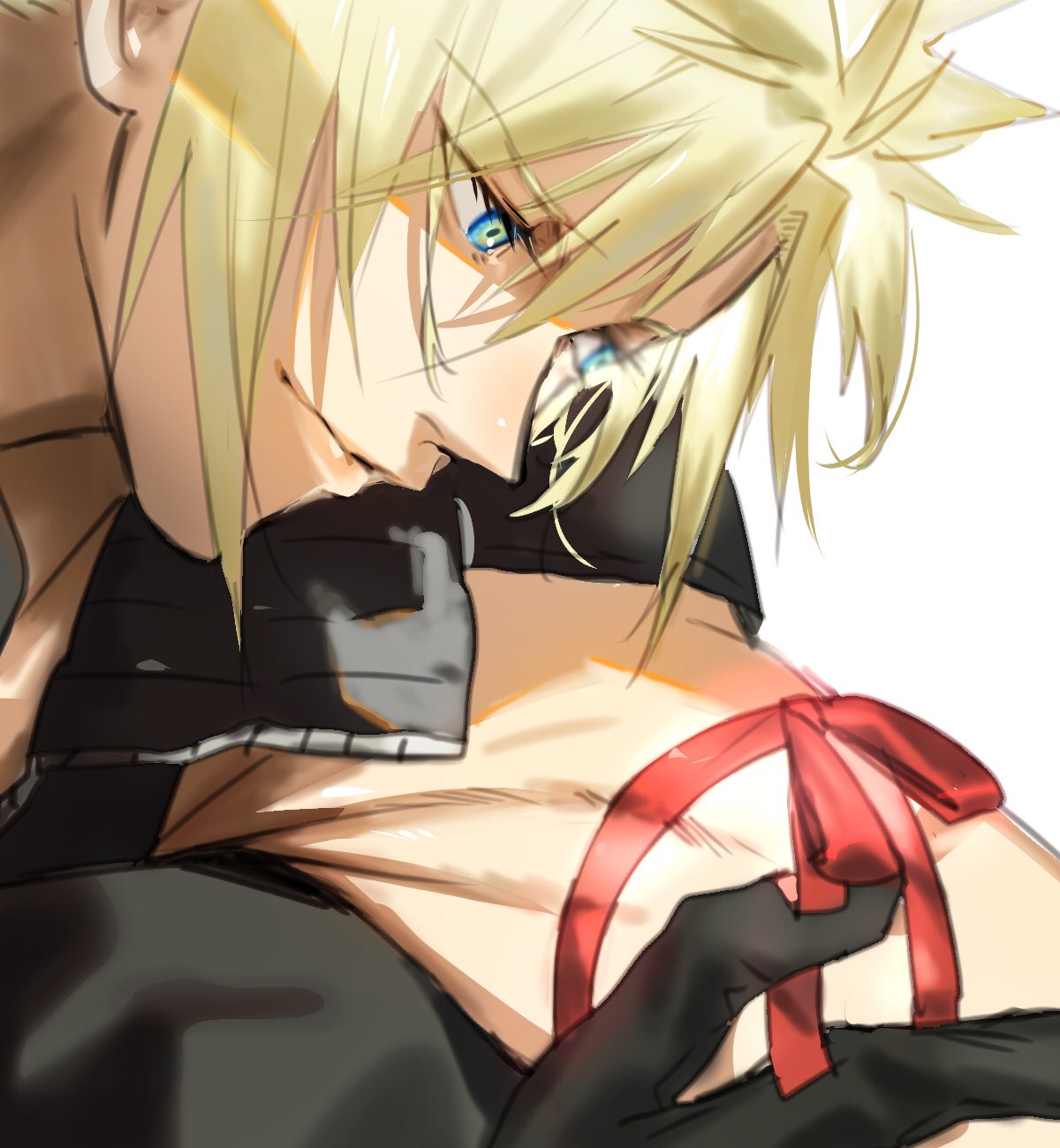 1boy arm_ribbon armor asymmetrical_hair black_shirt blonde_hair blue_eyes cloud_strife final_fantasy final_fantasy_vii final_fantasy_vii_advent_children hair_between_eyes high_collar highres mikuroron muscular muscular_male open_collar ribbon shirt shoulder_armor solo spiky_hair upper_body white_background