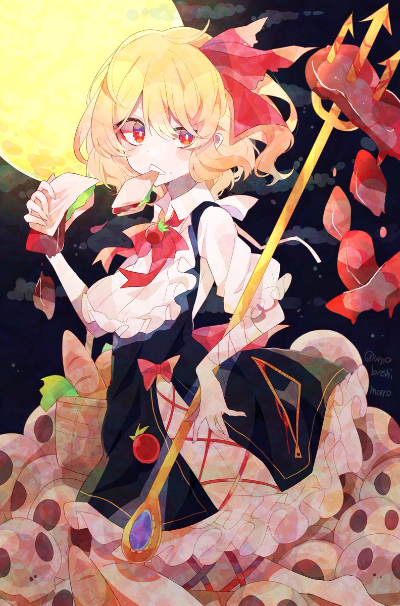 1girl bad_id bad_twitter_id basket black_dress blonde_hair blush bow bowtie bread bright_pupils collared_shirt commentary dress dress_bow eating eyebrows_behind_hair food foot_out_of_frame frilled_sleeves frills from_behind full_moon hair_between_eyes hair_ribbon highres holding holding_food holding_polearm holding_weapon kneeling leg_ribbon looking_at_viewer looking_back meat moon polearm red_bow red_bowtie red_eyes red_ribbon ribbon rumia sandwich shirt short_hair short_sleeves skull sleeveless sleeveless_dress solo touhou trident twitter_username umemaro_(siona0908) weapon white_pupils white_shirt