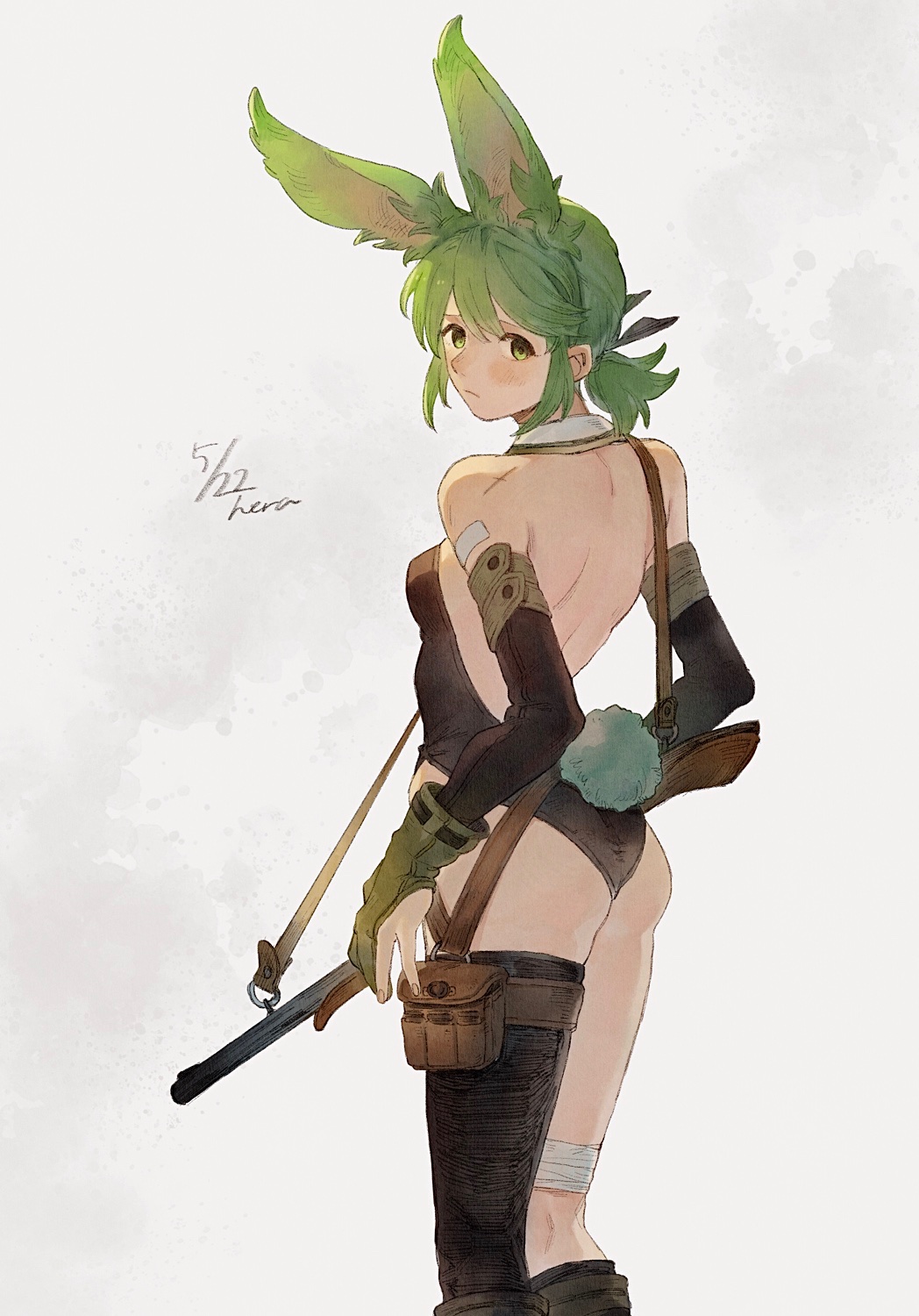 1girl animal_ears artist_name asymmetrical_legwear bangs bare_back bare_shoulders black_footwear black_legwear black_leotard blush boots brown_gloves closed_mouth dated detached_sleeves elbow_gloves extra_ears feet_out_of_frame from_behind frown gloves green_eyes green_hair grey_background gun herayoshi highres kiki_(herayoshi) knee_boots kneehighs leotard looking_at_viewer looking_back original partially_fingerless_gloves playboy_bunny ponytail rabbit_ears rabbit_tail rifle solo standing strapless strapless_leotard tail thigh-highs thigh_pouch weapon