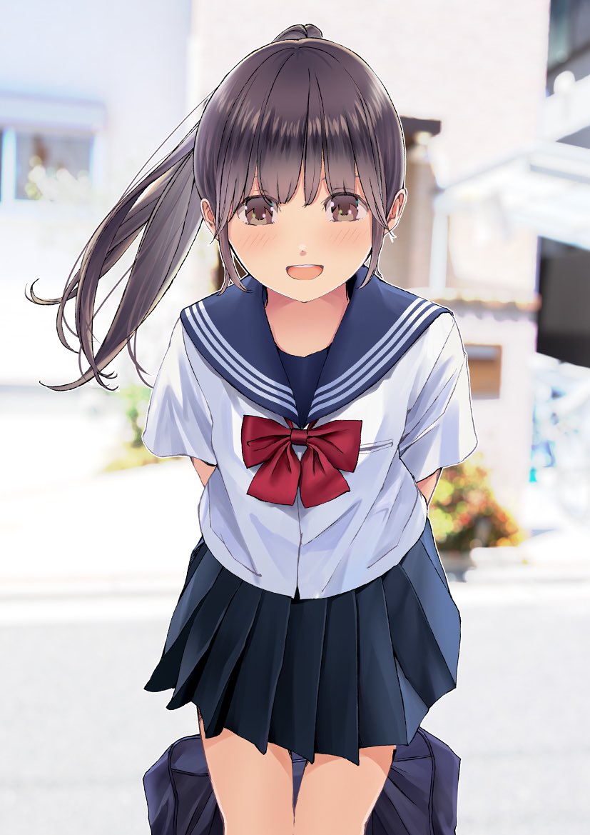1girl :d bag bangs blue_sailor_collar blue_skirt blurry blurry_background blush bow bowtie brown_eyes brown_hair building chikuwa_(odennabe) holding holding_bag house leaning_forward long_hair looking_at_viewer open_mouth original outdoors pleated_skirt ponytail red_bow red_bowtie sailor_collar school_bag school_uniform serafuku shirt short_sleeves skirt smile solo standing white_shirt