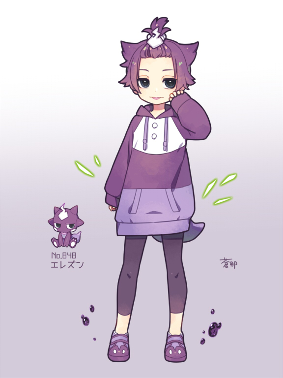 1girl :/ :p aona_(noraneko) bangs_pinned_back capri_pants character_name flipped_hair grey_eyes hair_ears hair_ornament hand_on_own_cheek hand_on_own_face hood hoodie humanization leggings legwear_under_shorts lizard_tail long_sleeves looking_to_the_side pants paw_pose pokedex_number pokemon purple_hair shoes short_hair shorts signature sleeves_past_wrists sneakers solo tail tongue tongue_out toxel