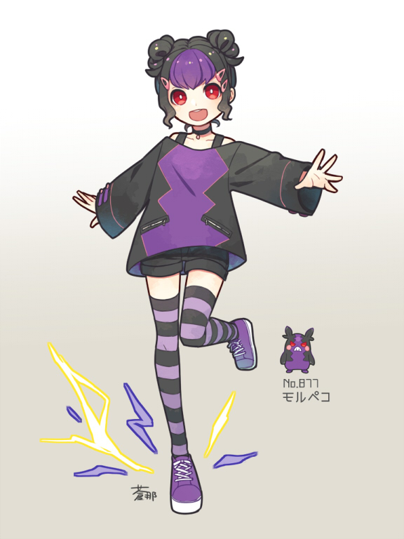 1girl :d aona_(noraneko) asymmetrical_legwear bangs black_hair character_name choker collarbone double_bun hair_ornament hairclip humanization lightning long_sleeves looking_to_the_side morpeko morpeko_(hangry) multicolored_hair off_shoulder open_mouth outstretched_arms pokedex_number pokemon purple_hair red_eyes shoes shorts signature sleeves_past_wrists smile sneakers solo split-color_hair standing standing_on_one_leg striped striped_legwear thigh-highs zipper