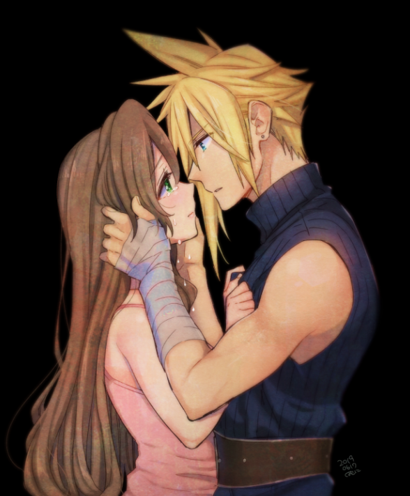 1boy 1girl aerith_gainsborough armor_removed asymmetrical_hair bandaged_arm bandages belt black_background blonde_hair blue_eyes blue_pants blue_shirt brown_hair cloud_strife couple crying dress earrings final_fantasy final_fantasy_vii green_eyes hair_between_eyes hair_down hands_on_another's_chest hands_on_another's_head jacket jacket_removed jewelry krudears pants pink_dress profile shirt sidelocks single_earring spiky_hair tears upper_body wavy_hair