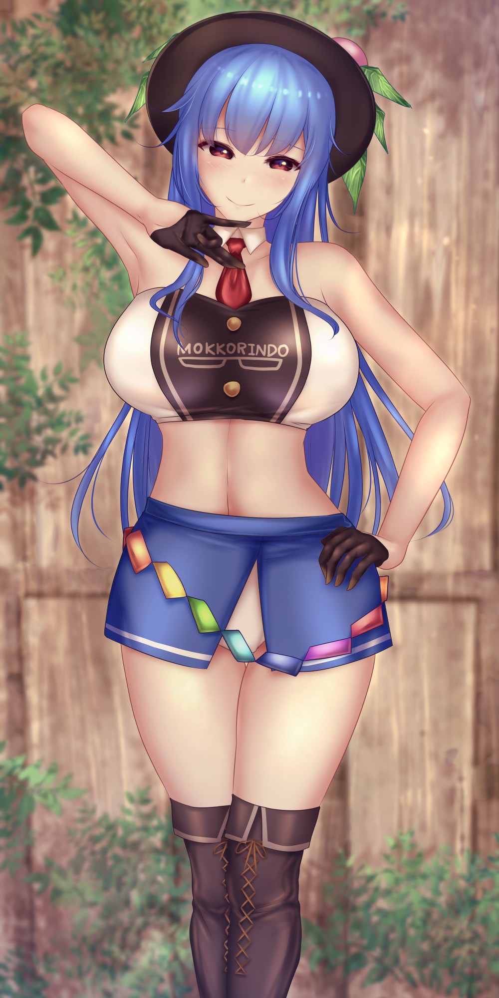 1girl bare_shoulders black_gloves black_headwear blue_hair blue_skirt boots brown_footwear bush bustier closed_mouth clothes_writing food fruit gloves hand_on_hip hat highres hinanawi_tenshi leaf long_hair midriff miniskirt necktie panties panty_peek peach racequeen rainbow_order red_eyes red_necktie shounen_(hogehoge) skirt sleeveless smile solo thigh-highs thigh_boots thighs touhou underwear white_panties
