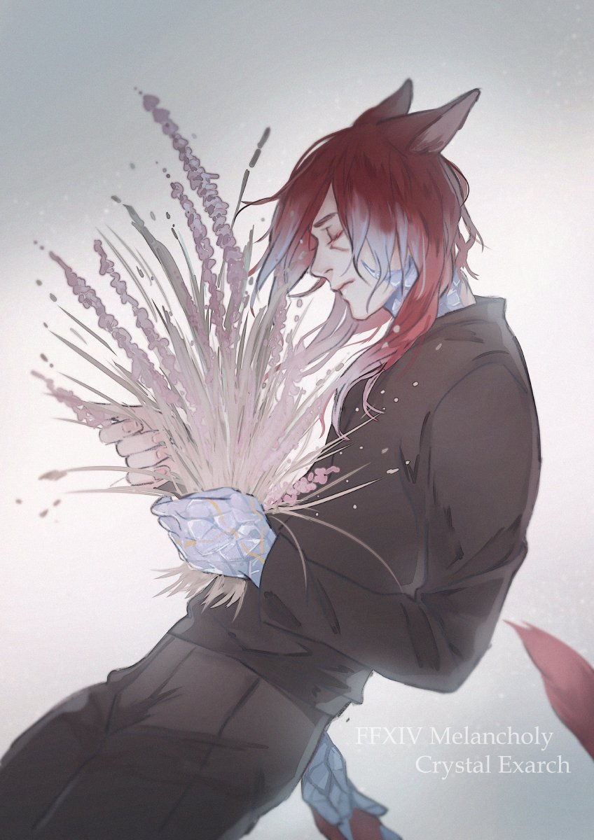 1boy animal_ears black_pants black_shirt bouquet cat_ears cat_tail closed_eyes crystal_exarch facial_mark final_fantasy final_fantasy_xiv g'raha_tia grey_background hair_between_eyes highres holding holding_bouquet katagawa_mika medium_hair miqo'te pants profile redhead shirt solo tail upper_body wavy_hair