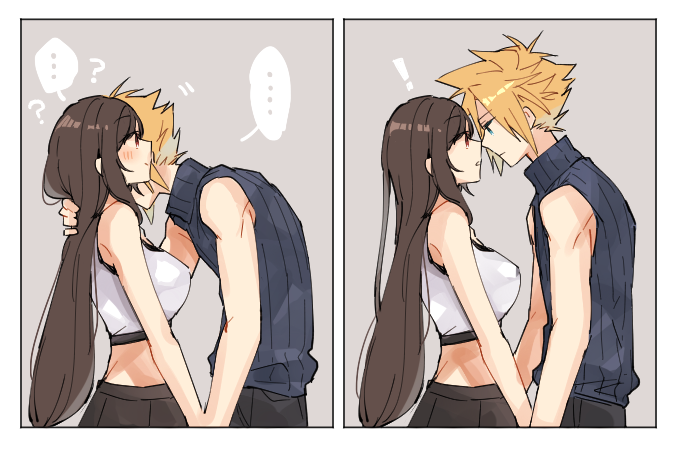 ! 1boy 1girl ? bare_arms bare_shoulders black_hair black_skirt blonde_hair blue_eyes blush breasts brown_hair cloud_strife couple final_fantasy final_fantasy_vii final_fantasy_vii_remake hand_in_another's_hair large_breasts long_hair red_eyes skirt sleeveless sleeveless_turtleneck spiky_hair tank_top tifa_lockhart tooru_(jux) turtleneck