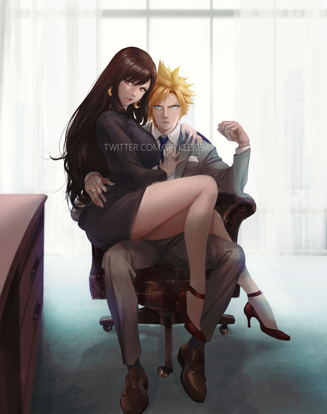 1boy 1girl black_hair blonde_hair blue_eyes breasts chair cloud_strife couple earrings final_fantasy final_fantasy_vii final_fantasy_vii_remake formal full_body high_heels highres jewelry large_breasts legs lips long_hair looking_at_viewer office office_chair office_lady pencil_skirt red_eyes ring salaryman sitting sitting_on_lap sitting_on_person skirt spiky_hair spykeee suit tifa_lockhart twitter_username