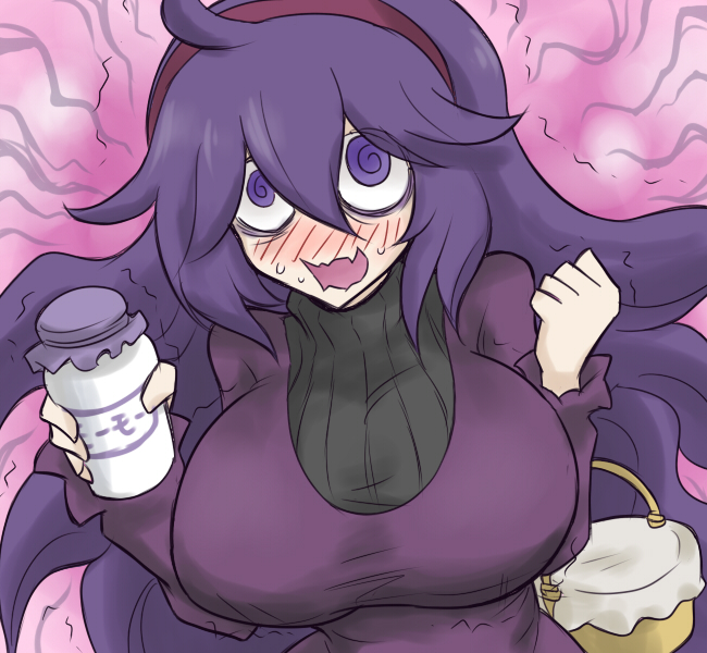 1girl @_@ ahoge bags_under_eyes black_dress bottle breasts dress hairband headband hex_maniac_(pokemon) large_breasts messy_hair milk_bottle moomoo_milk oro_(zetsubou_girl) pokemon pokemon_(game) pokemon_xy purple_hair purple_hairband purple_headband ribbed_sweater solo sweater violet_eyes