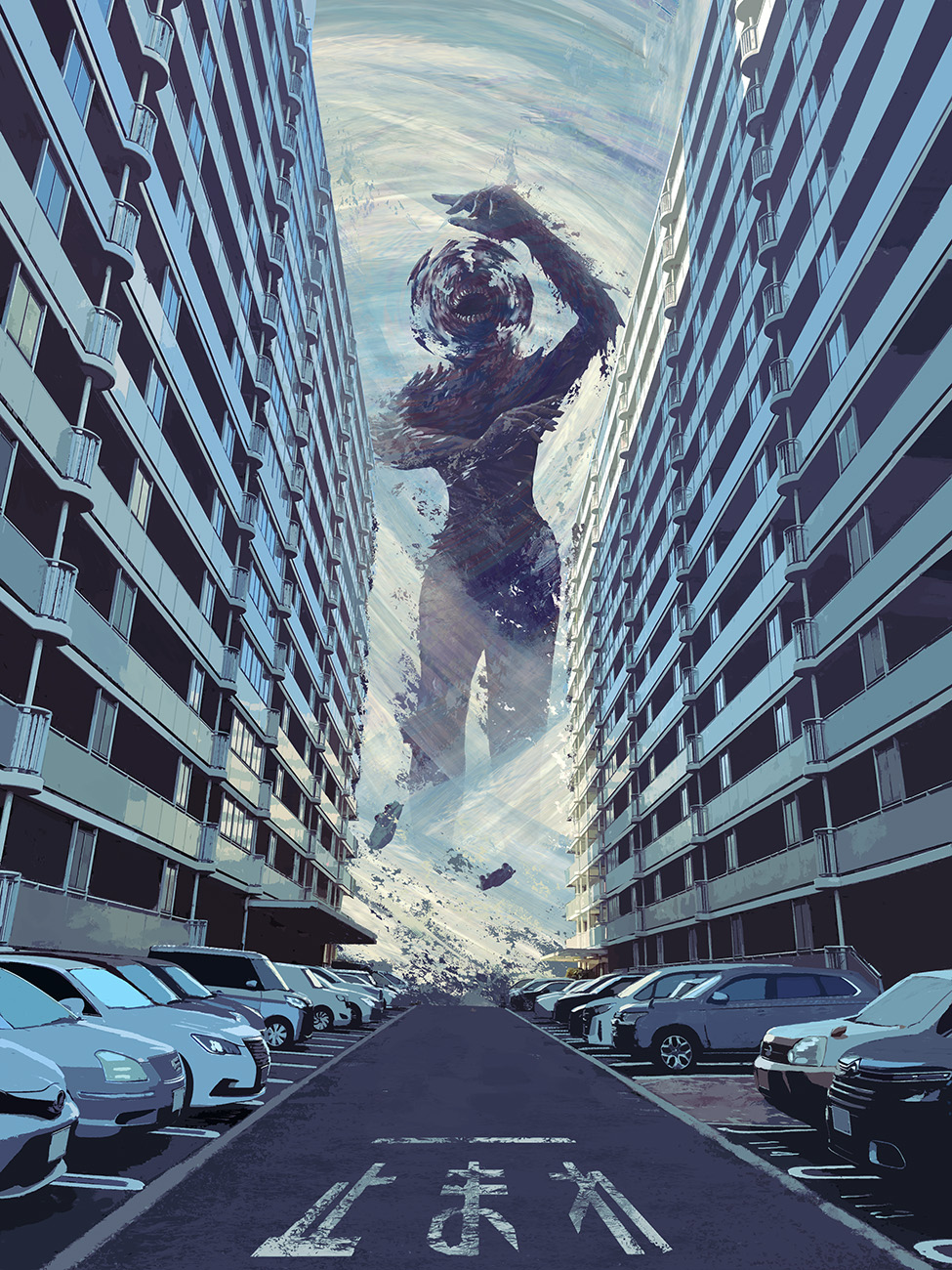 arm_up building car eldritch_abomination ground_vehicle highres monster monster_girl motor_vehicle no_humans open_mouth outdoors parking_lot sheeeh! teeth tornado toy(e) wind yuugai_choujuu