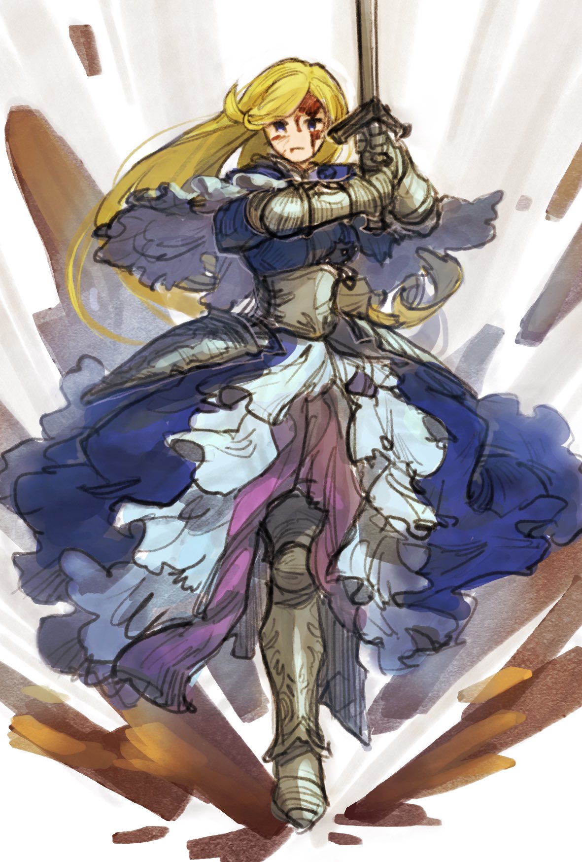 1girl armor armored_boots armored_dress blonde_hair blood blood_on_face blue_capelet blue_dress blue_eyes boots capelet capelet_lift dress elona faulds frown full_body gauntlets golden_knight_(elona) hands_up herayoshi highres holding holding_sword holding_weapon injury knight long_hair long_sleeves looking_at_viewer sketch solo standing sword two-handed two-handed_sword very_long_hair weapon white_background