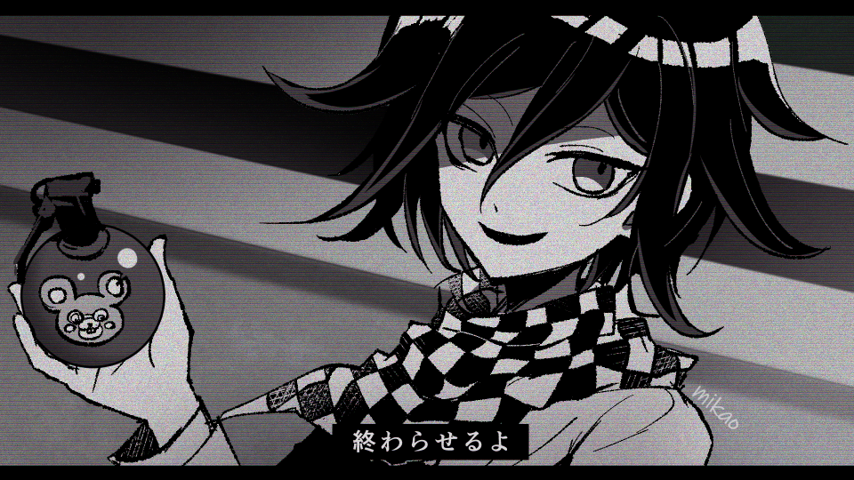 1boy bangs checkered_clothes checkered_scarf danganronpa_(series) danganronpa_v3:_killing_harmony explosive grenade grey_background greyscale hair_between_eyes hand_up holding holding_grenade letterboxed long_sleeves looking_at_viewer male_focus medium_hair messy_hair mikao_(eanv5385) monochrome mouse_print open_mouth ouma_kokichi portrait scarf shiny shiny_hair solo translation_request