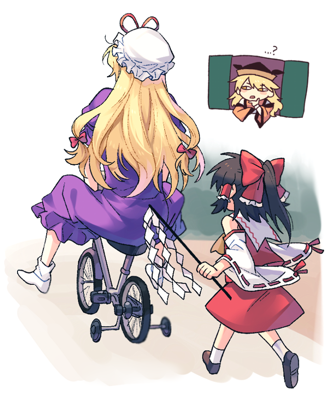 3girls ? ankle_socks bare_shoulders bicycle black_footwear black_hair blonde_hair blurry border bow chibi chibi_inset child comedy d: depth_of_field detached_sleeves dress facing_away frilled_bow frilled_dress frilled_hair_tubes frills from_behind full_body ground_vehicle hair_bow hair_ribbon hair_tubes hakurei_reimu half_updo hand_on_own_chin hat long_dress long_hair long_sleeves looking_at_another looking_to_the_side matara_okina mob_cap multiple_girls narrowed_eyes no_shoes nontraditional_miko open_window outdoors outside_border parody_request parted_lips purple_dress re_ghotion red_bow red_skirt red_vest ribbon riding running shoe_soles shoes skirt skirt_set socks stroking_own_chin touhou training_wheels tress_ribbon vest white_border white_headwear white_legwear white_sleeves wide_sleeves window yakumo_yukari younger