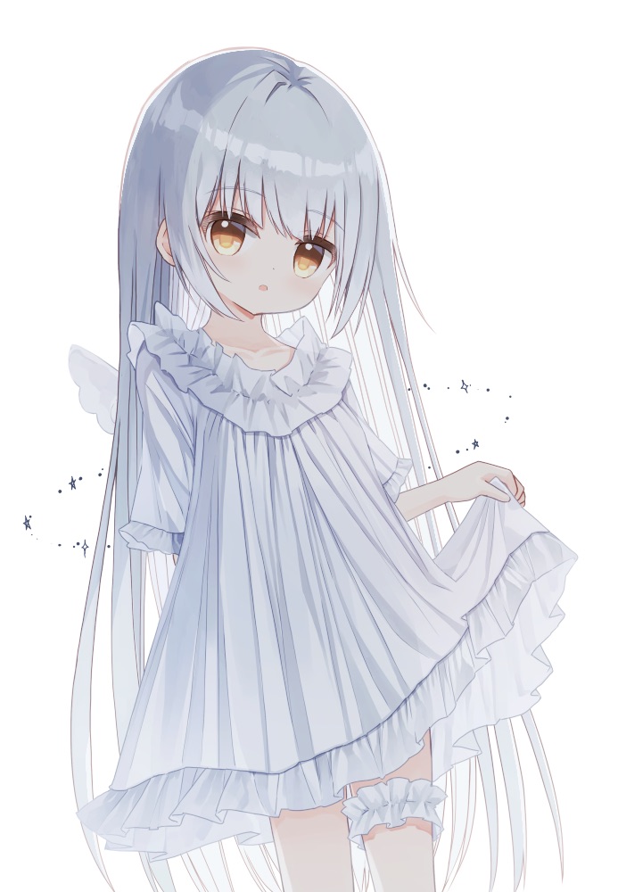 1girl bangs blush brown_eyes bunny_girl_(yuuhagi_(amaretto-no-natsu)) commentary_request dress eyebrows_visible_through_hair frilled_dress frills grey_hair long_hair looking_at_viewer mini_wings original parted_lips simple_background skirt_hold solo sparkle very_long_hair white_background white_dress white_wings wings yuuhagi_(amaretto-no-natsu)