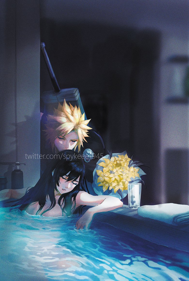 1boy 1girl armor bangs bath bathing bathroom bathtub black_hair bouquet breasts buster_sword closed_eyes clothed_male_nude_female cloud_strife couple final_fantasy final_fantasy_vii final_fantasy_vii_advent_children flower glass holding holding_bouquet indoors kiss large_breasts long_hair nude shampoo_bottle shoulder_armor sleeping spiky_hair spykeee swept_bangs tifa_lockhart twitter_username water weapon weapon_on_back