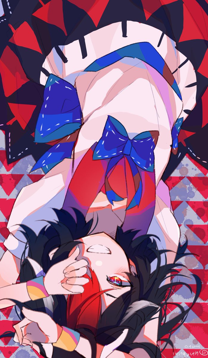 1girl bad_id bad_twitter_id black_hair black_skirt blue_bow blue_bowtie blush bow bowtie bracelet collarbone commentary cowboy_shot grin hands_up highres jewelry kijin_seija looking_at_viewer multicolored_clothes multicolored_hair multicolored_skirt one_eye_closed red_eyes red_skirt redhead shirt skirt smile solo streaked_hair teeth touhou umemaro_(siona0908) upside-down waist_bow white_hair white_shirt white_skirt