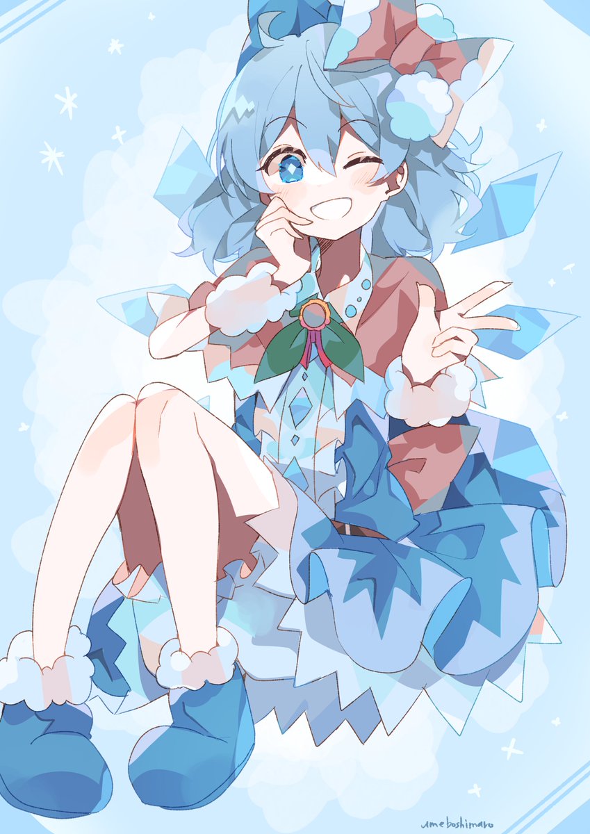 1girl :d ;d ahoge arm_warmers artist_name bad_id bad_twitter_id bloomers blue_bow blue_dress blue_eyes blue_footwear blue_hair blush boots bow brown_bow brown_capelet buttons capelet cirno commentary diamond-shaped_pupils diamond_(shape) diamond_button dress eyebrows_visible_through_hair full_body fur_trim hair_between_eyes hair_bow hands_up highres ice ice_wings knees_together_feet_apart knees_up looking_at_viewer medium_hair one_eye_closed open_mouth smile solo symbol-shaped_pupils touhou umemaro_(siona0908) underwear v white_bloomers wings