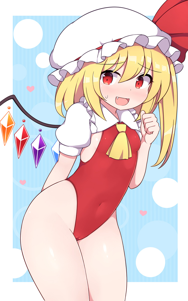 1girl alternate_costume ascot bare_legs blonde_hair commentary covered_navel crystal eyebrows_visible_through_hair flandre_scarlet hat highleg highleg_leotard highres leotard looking_at_viewer mob_cap open_mouth red_eyes red_leotard rizento side_ponytail solo thighs touhou white_headwear wings yellow_ascot