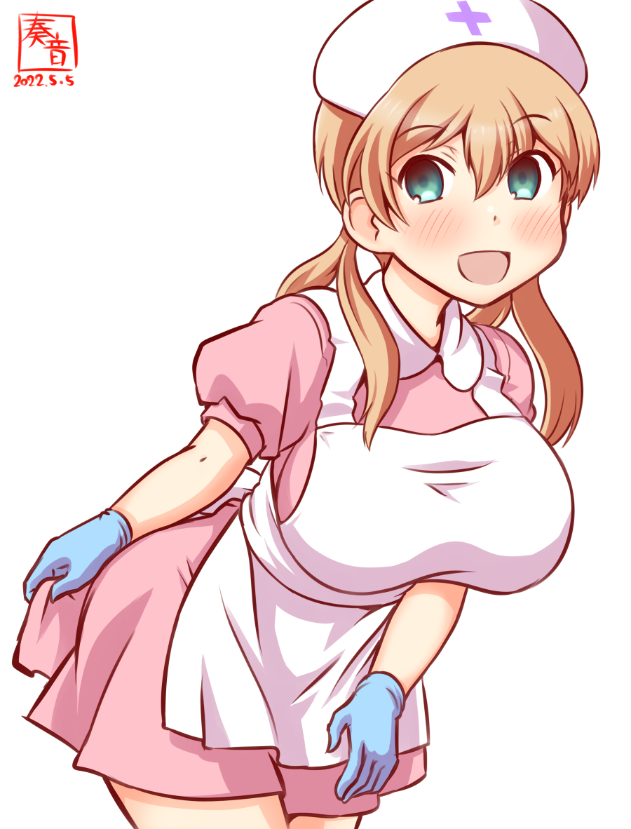 1girl alternate_costume apron aqua_eyes artist_logo blonde_hair blue_gloves breasts commentary_request cowboy_shot dated dress gloves hat kanon_(kurogane_knights) kantai_collection large_breasts leaning_forward long_hair nurse nurse_cap one-hour_drawing_challenge pink_dress prinz_eugen_(kancolle) simple_background smile solo twintails white_apron white_background