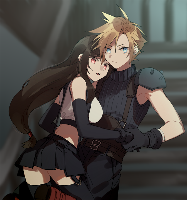 1boy 1girl armor black_hair black_legwear black_skirt blonde_hair blue_eyes blurry blurry_background breasts cloud_strife couple detached_sleeves earrings final_fantasy final_fantasy_vii final_fantasy_vii_remake gloves holding_hands jewelry large_breasts long_hair looking_at_viewer low-tied_long_hair red_eyes red_footwear shoulder_armor skirt sleeveless sleeveless_turtleneck suspender_skirt suspenders tank_top thigh-highs tifa_lockhart tooru_(jux) turtleneck zettai_ryouiki