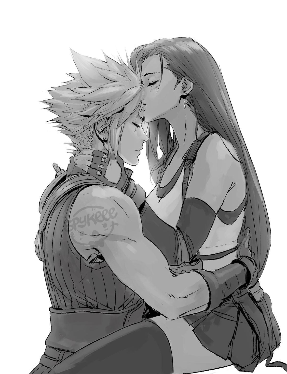 1boy 1girl artist_name bare_shoulders black_hair black_legwear black_skirt closed_eyes cloud_strife couple detached_sleeves earrings final_fantasy final_fantasy_vii final_fantasy_vii_remake fingerless_gloves gloves greyscale hand_on_another's_back hand_on_another's_neck highres jewelry kiss kissing_forehead long_hair low-tied_long_hair monochrome skirt sleeveless sleeveless_turtleneck spiky_hair spykeee tank_top thigh-highs tifa_lockhart turtleneck white_background
