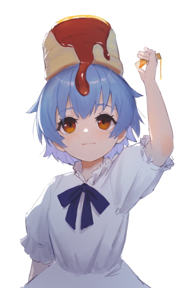 1girl arm_behind_back arm_up blue_hair bow brown_eyes closed_mouth dripping eyebrows_visible_through_hair food food_on_hair food_on_head frills grey_background hara_shoutarou holding honey light_blue_hair looking_up object_on_head original pancake red_bow short_hair simple_background smile solo syrup