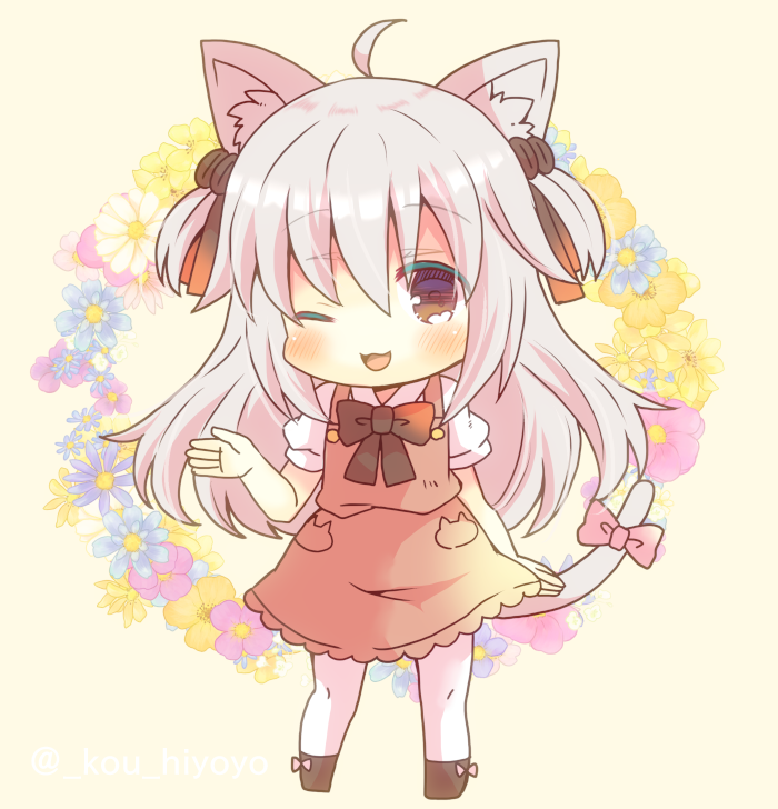 1girl ;d ahoge animal_ear_fluff animal_ears bangs black_bow black_footwear blue_flower blush boots bow brown_background brown_dress brown_eyes cat_ears cat_girl cat_tail chibi collared_shirt commentary_request copyright_request dress eyebrows_visible_through_hair floral_background flower full_body grey_hair hair_between_eyes hand_up kou_hiyoyo long_hair one_eye_closed pantyhose pink_bow puffy_short_sleeves puffy_sleeves purple_flower shirt short_sleeves simple_background sleeveless sleeveless_dress smile solo standing tail tail_bow tail_ornament two_side_up very_long_hair white_legwear white_shirt yellow_flower