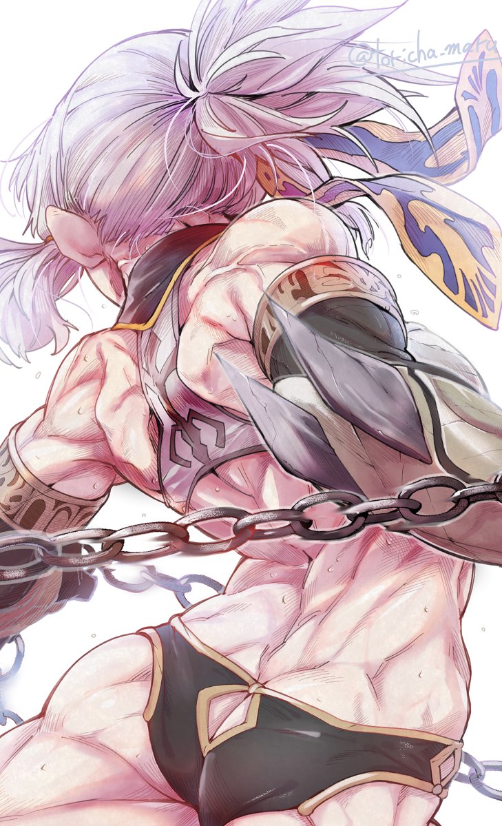 1girl arm_guards ass back bare_shoulders black_gloves black_panties blue_ribbon breasts chain elbow_gloves fate/grand_order fate_(series) gloves hair_ribbon half_updo long_hair medium_breasts muscular muscular_female panties penthesilea_(fate) ribbon sidelocks solo sweat thighs toned torichamaru underwear white_hair
