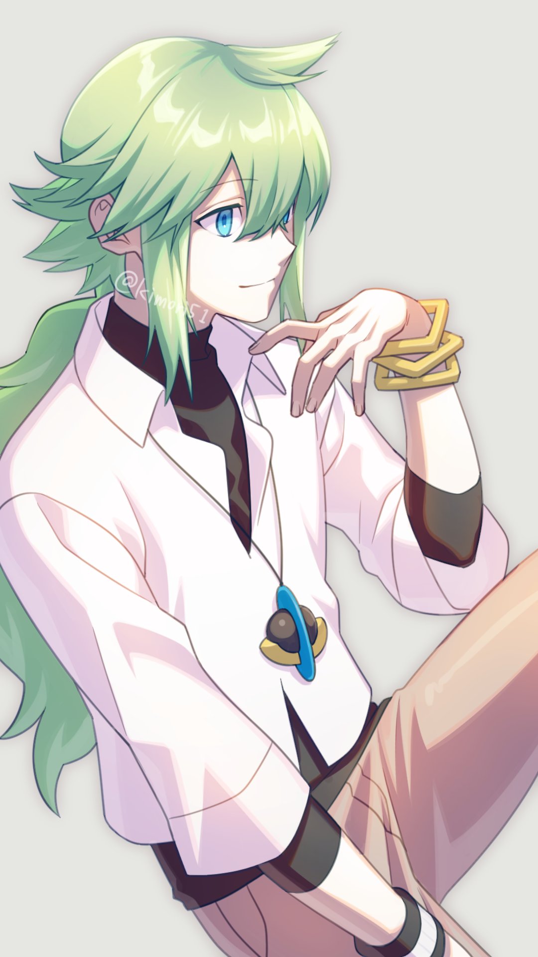 1boy bangle bangs black_undershirt blue_eyes bracelet brown_pants closed_mouth collared_shirt commentary_request green_hair grey_background hand_up highres jewelry long_hair male_focus n_(pokemon) nagiru necklace pants pokemon pokemon_(game) pokemon_bw ponytail shirt smile solo twitter_username watermark white_shirt wristband